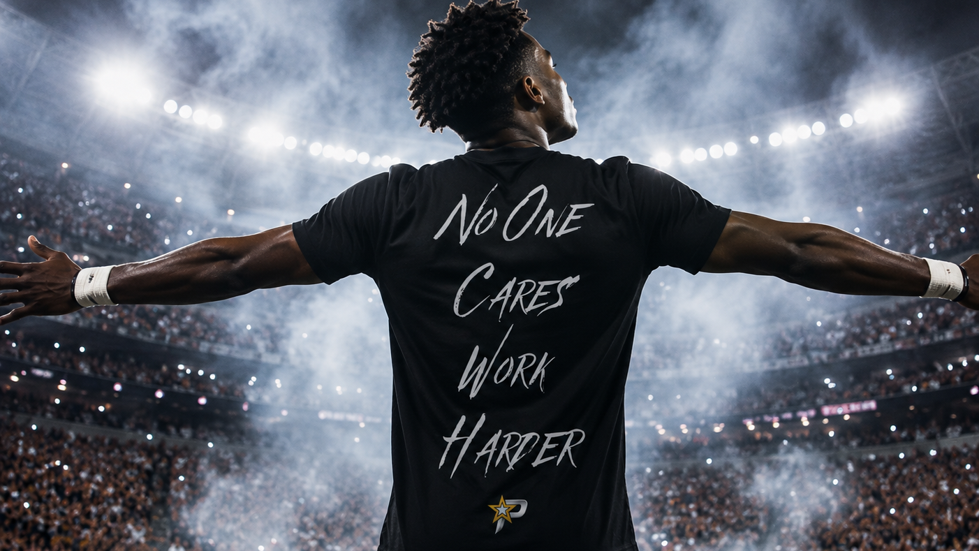 A man stands with his back to the camera in a crowded stadium, wearing a black t-shirt with the white text 'No One Cares Work Hard' printed on the back.